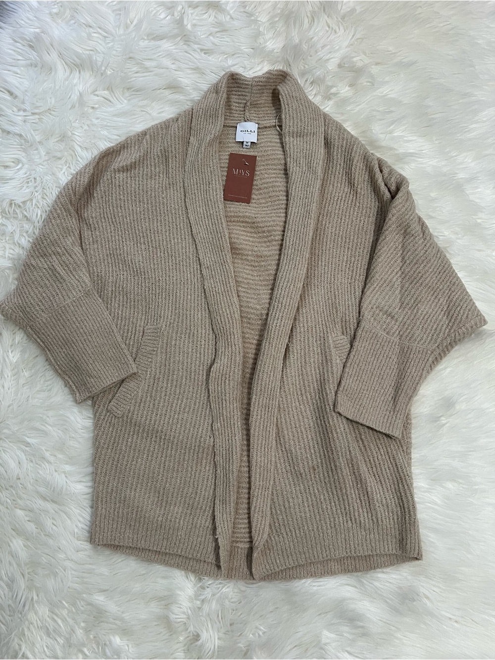 Gilli Cream Ribbed Shawl-Collar Cardigan